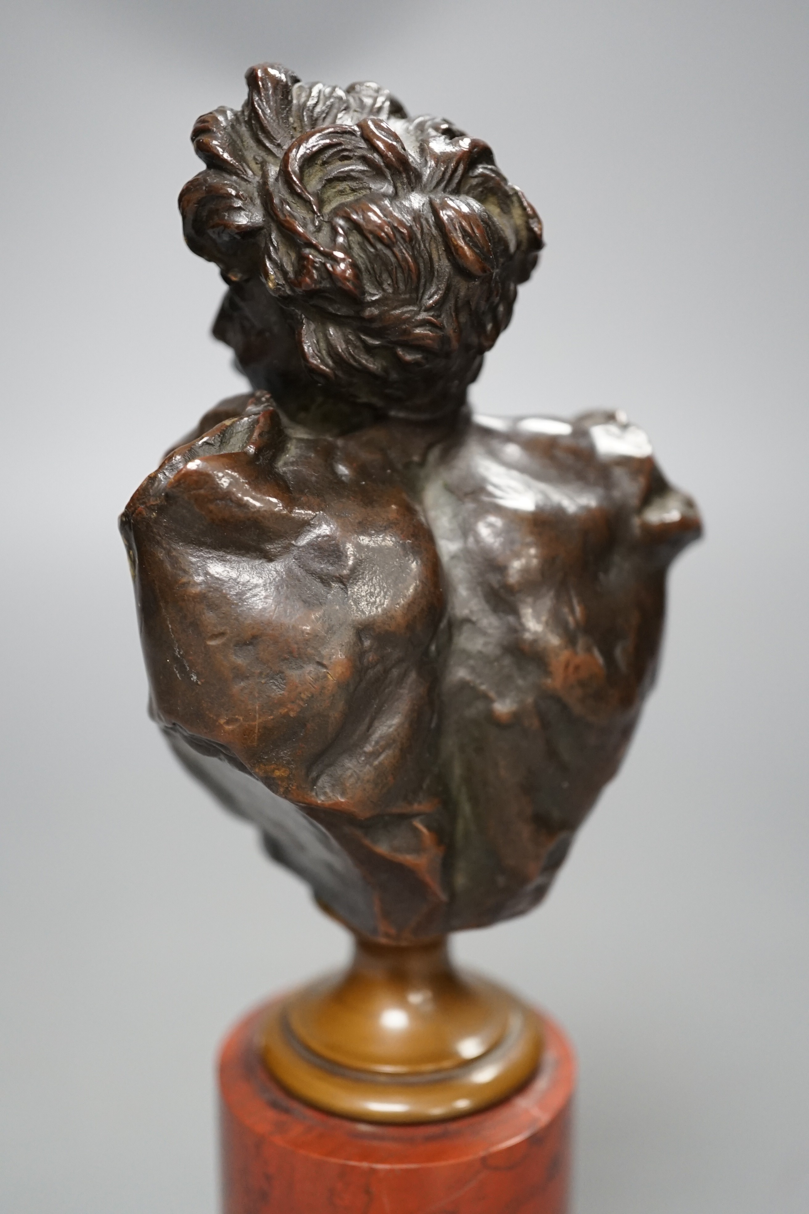 A bronze bust of Dionysus on a red marble stand circa 1900, 21cm